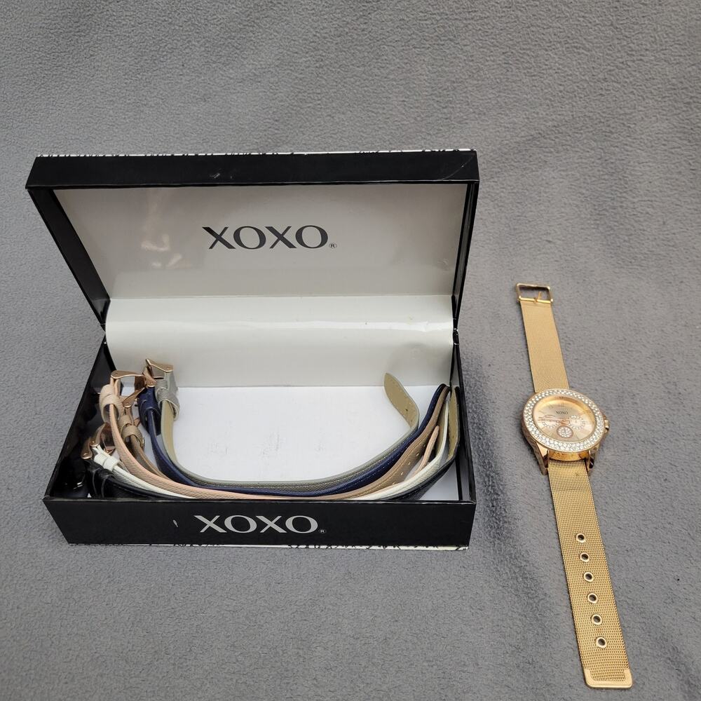 XOXO Analog Watch Rose Gold Crystal Bezel Interchangeable Bands 7PC